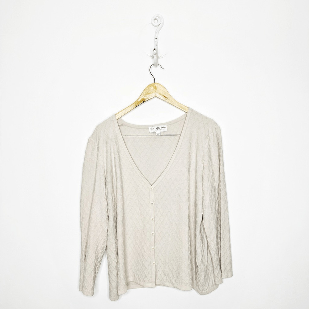 St. John V neck diamond knit cardigan sweater womens L soft ancient gold viscose